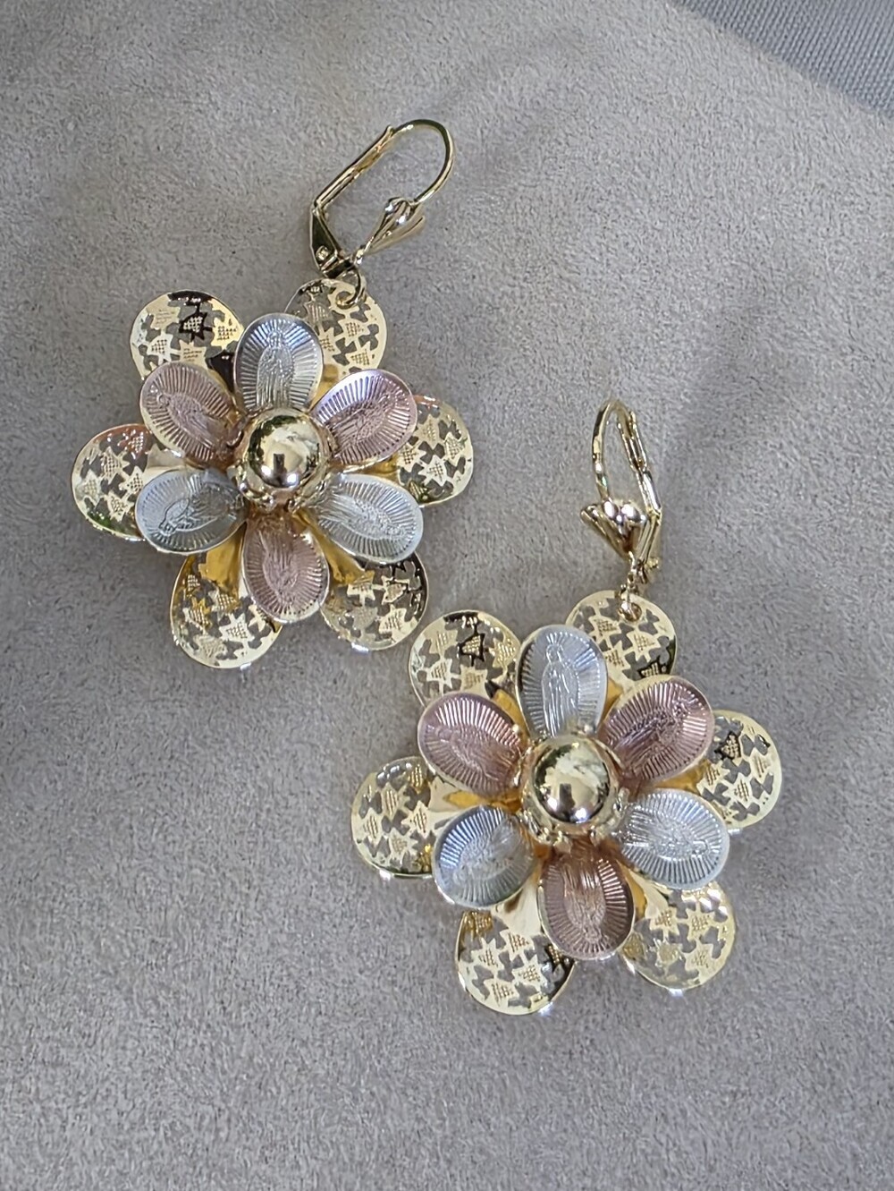 Tricolor Gold Filled  Virgin Mary Guadalupe Flower Statement Earrings
